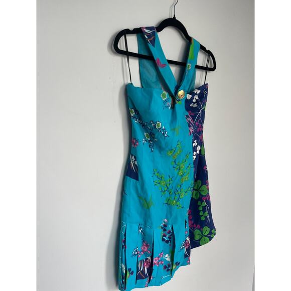 Versace H&M Dress Womens 8 Blue Multicolor Floral Print Pleated Mini - Picture 6 of 7